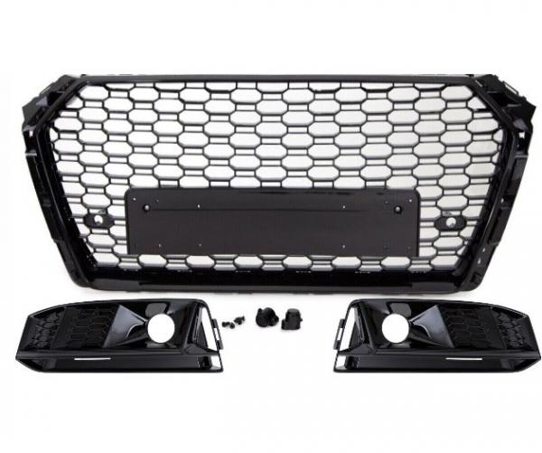 Upgrade Sportgrill / Kühlergrill mit Nebelscheinwerfergittern für Audi A4 B9 (8W) S-Line 15-19 Hochglanz schwarz in Wabendesign