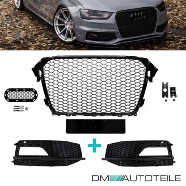 Kühlergrill Wabengrill + Stoßstangengitter SET hochglanz Schwarz passt für Audi A4 B8 S-Line ab 11-15