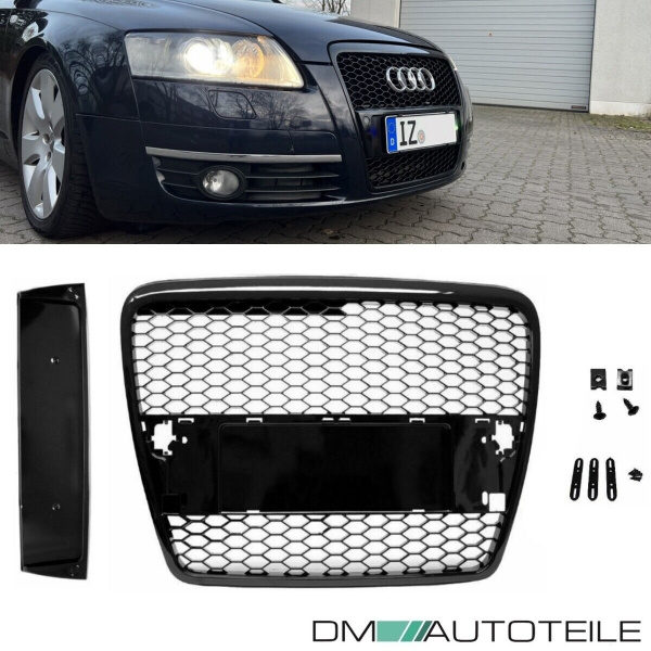 Kühlergrill Wabengrill Schwarz Hochglanz + Kennzeichenplatte passend für Audi A6 C6 4F Bj 04-09 nicht RS6