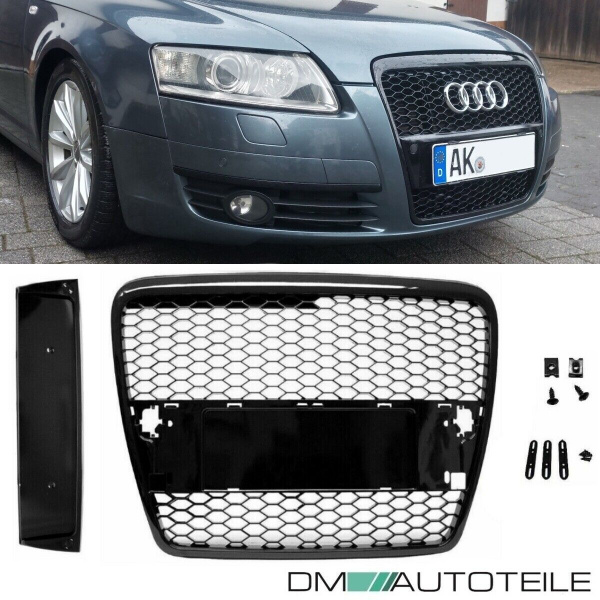 Kühlergrill Wabengrill Schwarz Hochglanz + Kennzeichenplatte passend für Audi A6 C6 4F Bj 04-09 nicht RS6