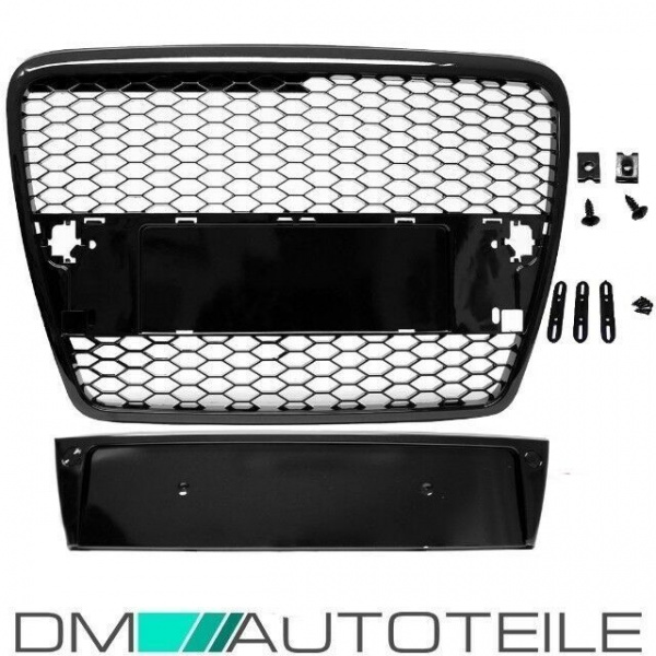 Kühlergrill Wabengrill Schwarz Hochglanz + Kennzeichenplatte passend für Audi A6 C6 4F Bj 04-09 nicht RS6