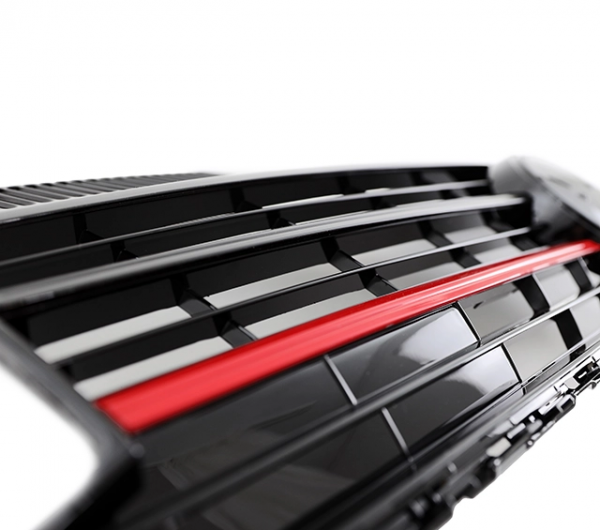 Upgrade Design Sportgrill / Kühlergrill für Volkswagen T6 15-19 Hochglanz-schwarz/rot mit Emblemhalter