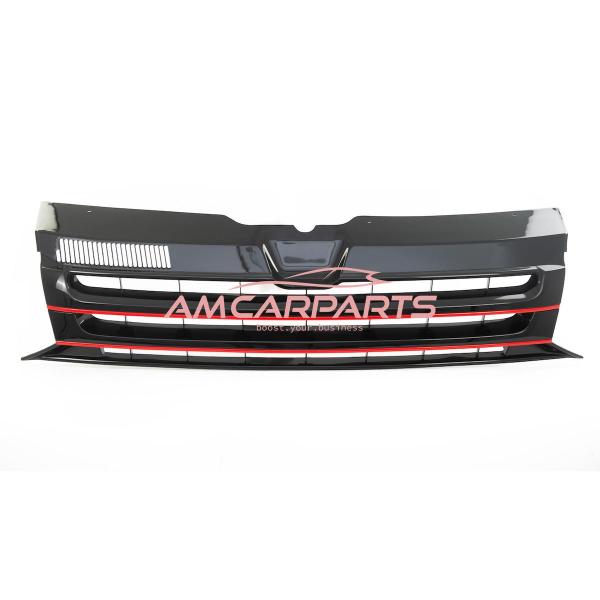 Upgrade Design Kühlergrill für Volkswagen T5 09-15 Hochglanz-schwarz mit Roter Zierleiste ohne Emblemhalter