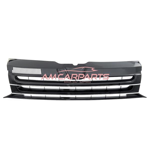 Upgrade Design Kühlergrill für Volkswagen T5 09-15 Hochglanz-schwarz mit Chrom Zierleiste ohne Emblemhalter