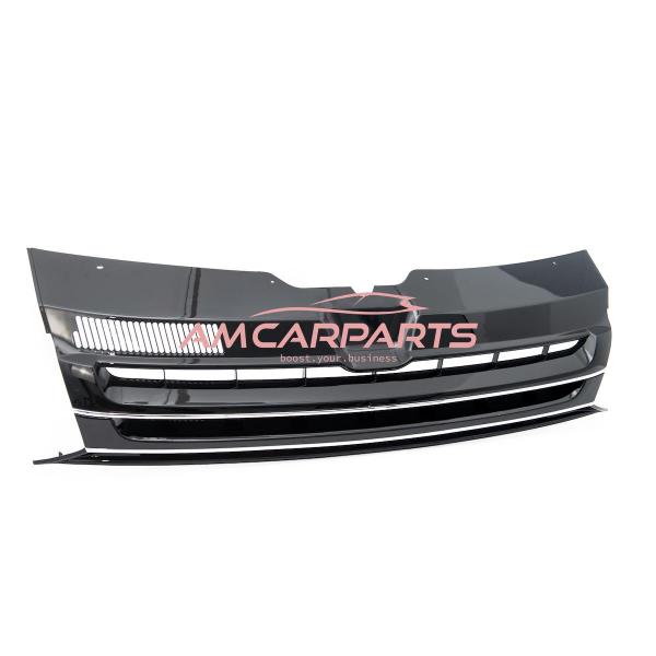 Upgrade Design Kühlergrill für Volkswagen T5 09-15 Hochglanz-schwarz mit Chrom Zierleiste ohne Emblemhalter