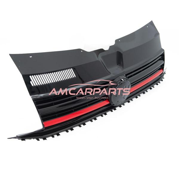 Kühlergrill in hochglanz schwarz mit roter Leiste und Emblemhalter für VW T6 Multivan/Transporter/Caravelle/Pritsche Modelle