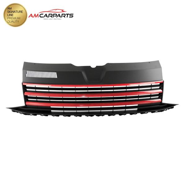 Upgrade Design Kühlergrill Schwarz mit roten Zierstreifen ohne Emblemhalter für VW T6 2015-2019
