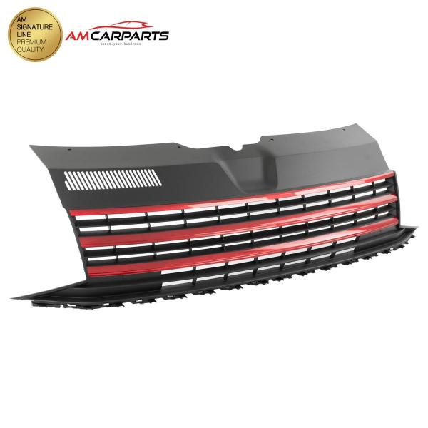 Upgrade Design Kühlergrill Schwarz mit roten Zierstreifen ohne Emblemhalter für VW T6 2015-2019
