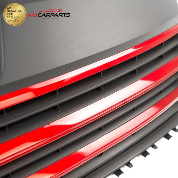 Upgrade Design Kühlergrill Schwarz mit roten Zierstreifen ohne Emblemhalter für VW T6 2015-2019