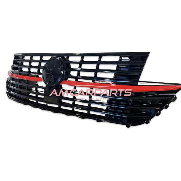 Upgrade Design Kühlergrill Schwarz glänzend mit roten Zierstreifen und Emblemhalter für VW T6.1 Multivan 2019-2024