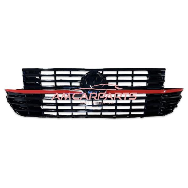 Upgrade Design Kühlergrill Schwarz glänzend mit roten Zierstreifen und Emblemhalter für VW T6.1 Multivan 2019-2024