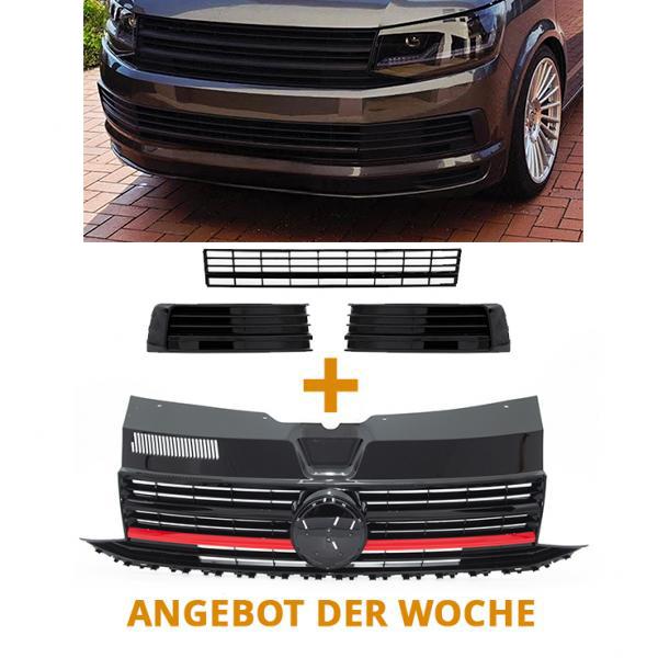 Paket-Upgrade Design Kühlergrill + Set Gitter Grill Einsatz Stoßstange vorne unten Hochglanz Schwarz-für Volkswagen T6 15-19 Hochglanz-schwarz