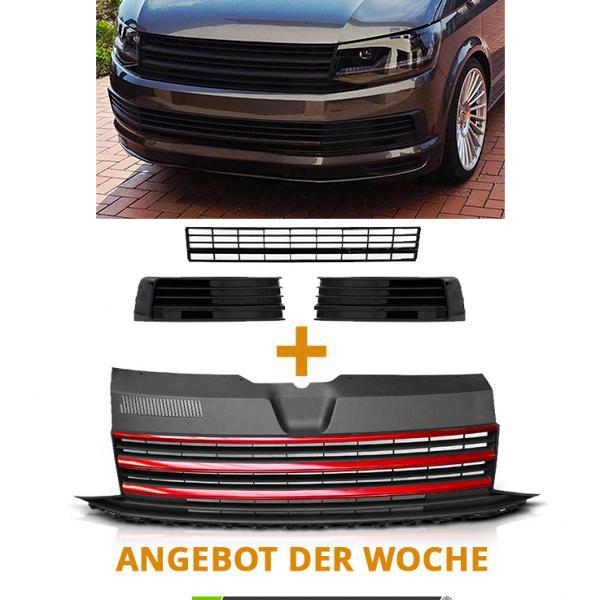 Paket-Upgrade Design Kühlergrill + Set Gitter Grill Einsatz Stoßstange vorne unten Hochglanz Schwarz-für Volkswagen T6 15-19 Hochglanz-schwarz