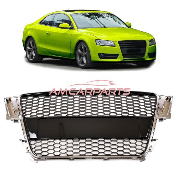Upgrade Sportgrill / Kühlergrill für Audi A5 (8T) Coupe Cabrio Sportback 07-11 Chrom / Hochglanz-schwarz in Wabendesign