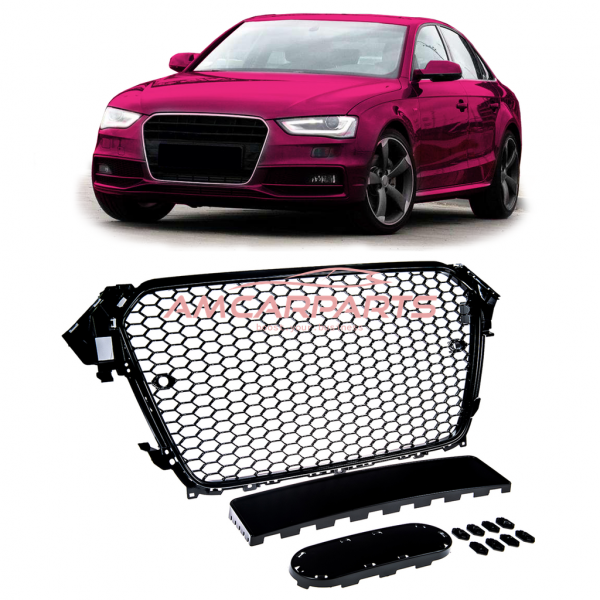 Upgrade Design Sportgrill / Kühlergrill für Audi A4 B8 Facelift 13-16 Hochglanz-schwarz in Wabendesign mit Emblemhalter