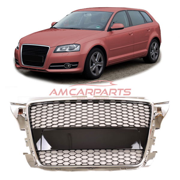 Upgrade Design Sportgrill / Kühlergrill für Audi A3 8P Facelift 08-12 chrom/Hochglanz-schwarz in Wabengitter Optik