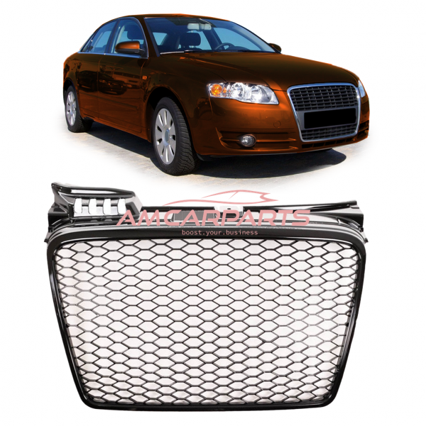 Upgrade Design Sportgrill / Kühlergrill für Audi A4 B7 05-08 Hochglanz-schwarz in Wabengitter Optik
