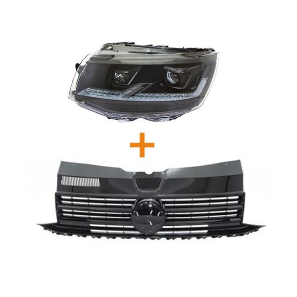 Bundle - Voll LED Tagfahrlicht Scheinwerfer mit dynamischen LED-Blinker - Black Edition + Paket-Upgrade Design Kühlergrill + Hochglanz Schwarz  passend für VW T6 15-19