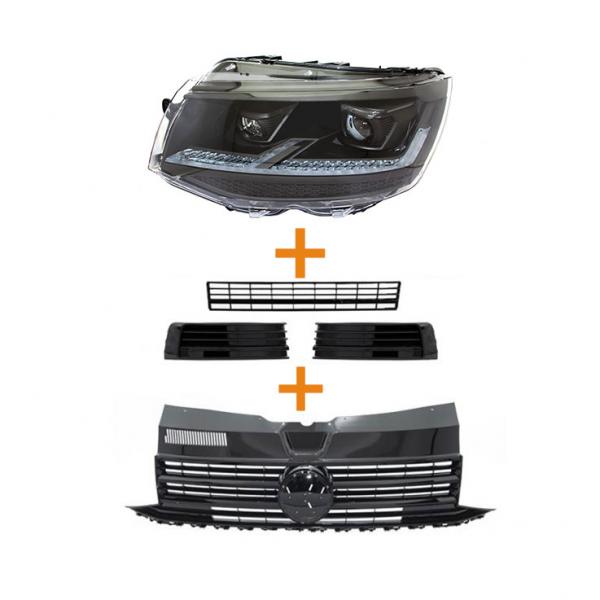 Bundle - Voll LED "Specialized" Tagfahrlicht Scheinwerfer mit LED-Blinker - Black Edition + Paket-Upgrade Design Kühlergrill + Hochglanz Schwarz + Set Gitter Grill Einsatz Stoßstange vorne unten Hochglanz Schwarz  passend für VW T6 15-19