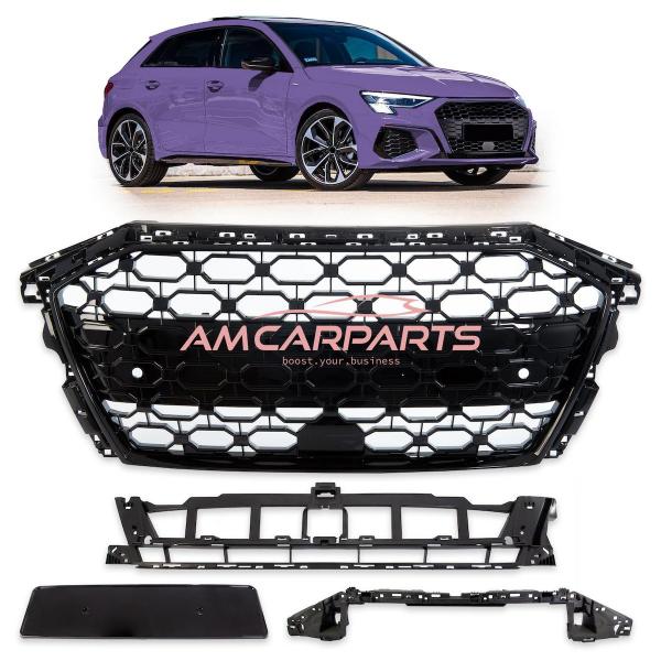 Upgrade Sportgrill / Kühlergrill für Audi A3 8Y 20+ Hochglanz Schwarz in Wabendesign