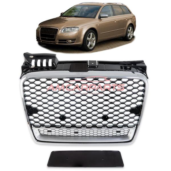 Upgrade "Plus" Sportgrill / Kühlergrill für Audi A4 B7 8E 04-07 Hochglanz Schwarz / Chrom in Wabendesign
