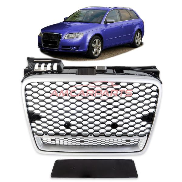 Upgrade "Plus" Sportgrill / Kühlergrill für Audi A4 B7 8E 04-07 Hochglanz Schwarz / Matt Silber in Wabendesign