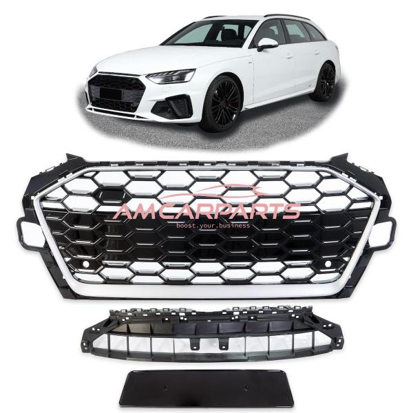 Upgrade Sportgrill / Kühlergrill für Audi A4 B9 8W Facelift 20-24 Hochglanz Schwarz / Matt Silber in Wabendesign