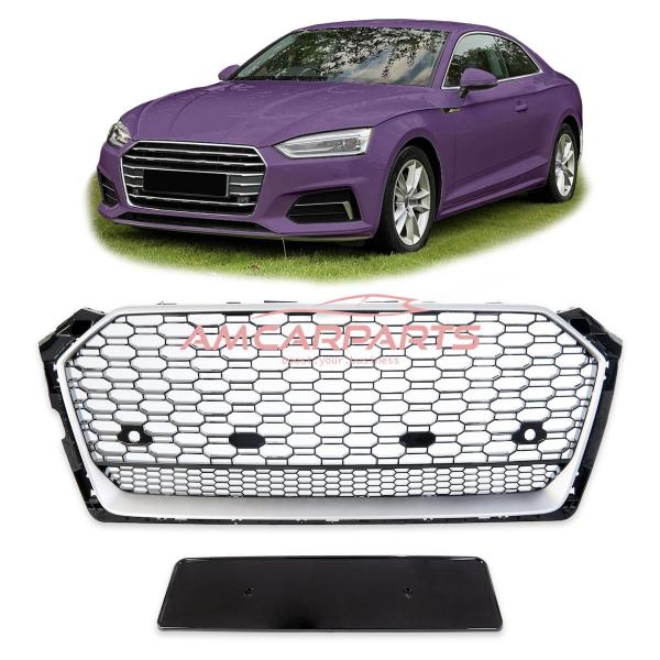 Upgrade "Plus" Sportgrill / Kühlergrill für Audi A5 F5 Vor-Facelift 16-20 Hochglanz Schwarz / Matt Silber in Wabendesign
