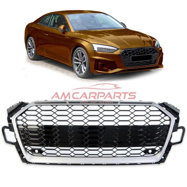 Upgrade Sportgrill / Kühlergrill für Audi A5 F5 Facelift 20-24 Hochglanz Schwarz / Matt Silber in Wabendesign