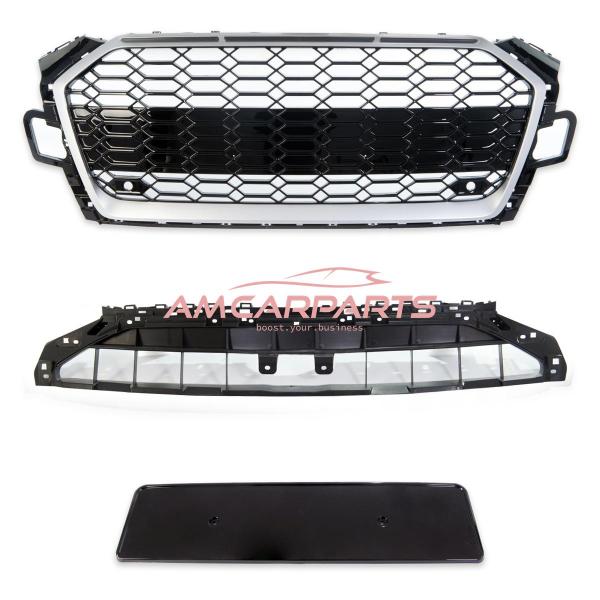 Upgrade Sportgrill / Kühlergrill für Audi A5 F5 Facelift 20-24 Hochglanz Schwarz / Matt Silber in Wabendesign