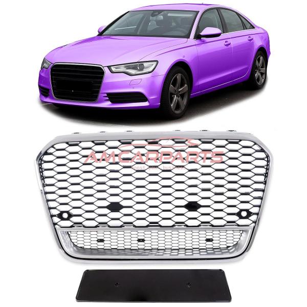 Upgrade "Plus" Sportgrill / Kühlergrill für Audi A6 C7 4G 11-14 Hochglanz Schwarz / Matt Silber / Chrom in Wabendesign