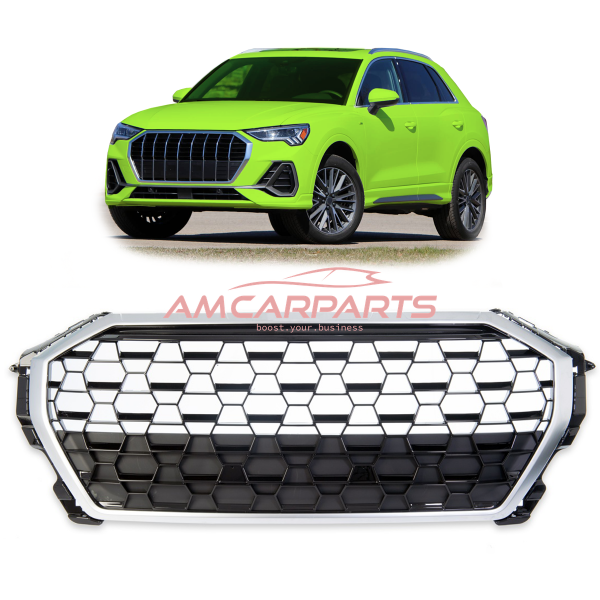 Upgrade Sportgrill / Kühlergrill für Audi Q3 F3 18+ Hochglanz Schwarz / Matt Silber in Wabendesign
