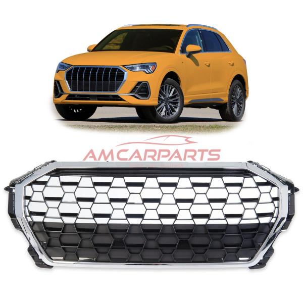 Upgrade Sportgrill / Kühlergrill für Audi Q3 F3 19+ Hochglanz Schwarz / Chrom in Wabendesign