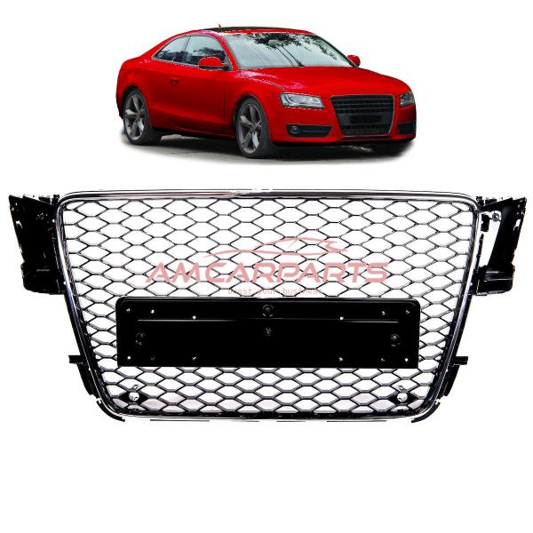 Upgrade Sportgrill / Kühlergrill für Audi A5 8T 07-11 Hochglanz Schwarz / Chrom in Wabendesign