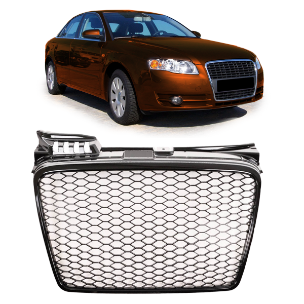 Upgrade Sportgrill / Kühlergrill für Audi A4 B7 8E 04-08 Hochglanz Schwarz / Matt Schwarz in Wabendesign
