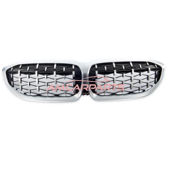 Upgrade "Teardrop" Design Kühlergrill / Sportgrill passend für BMW 3er G20 / G21 Vor-Facelift 19-22 Hochglanz schwarz / Matt silber