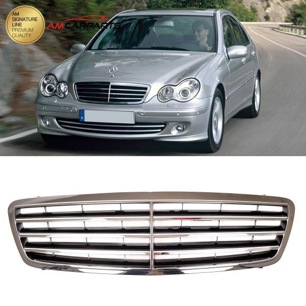 Upgrade Design Kühlergrill / Sportgrill passend für Mercedes Benz C-Klasse W203 / S203 00-07 Hochglanz schwarz / chrom