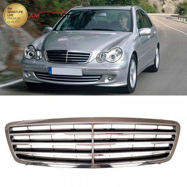 Upgrade Design Kühlergrill / Sportgrill passend für Mercedes Benz C-Klasse W203 / S203 00-07 Hochglanz schwarz / chrom