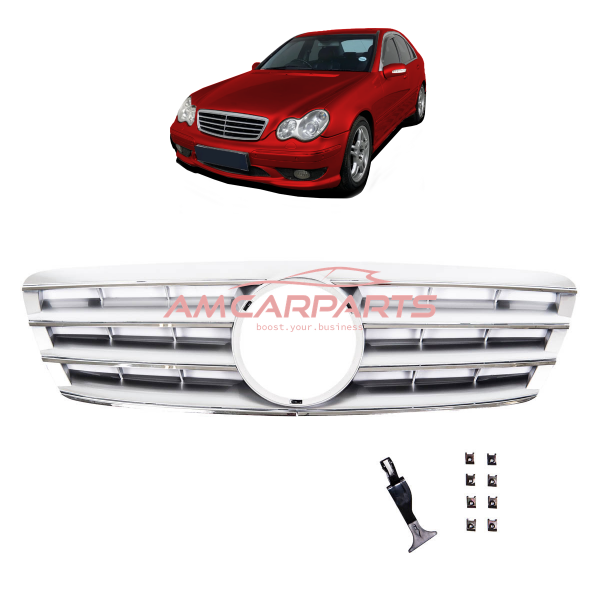 Upgrade Design Kühlergrill / Sportgrill passend für Mercedes Benz C-Klasse W203 / S203 00-07 Hochglanz silber / chrom