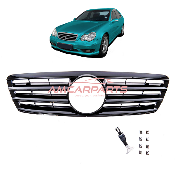 Upgrade Design Kühlergrill / Sportgrill passend für Mercedes Benz C-Klasse W203 / S203 00-07 Hochglanz schwarz