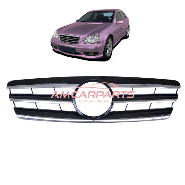 Upgrade Design Kühlergrill / Sportgrill passend für Mercedes Benz C-Klasse W203 / S203 00-07 Hochglanz schwarz / chrom