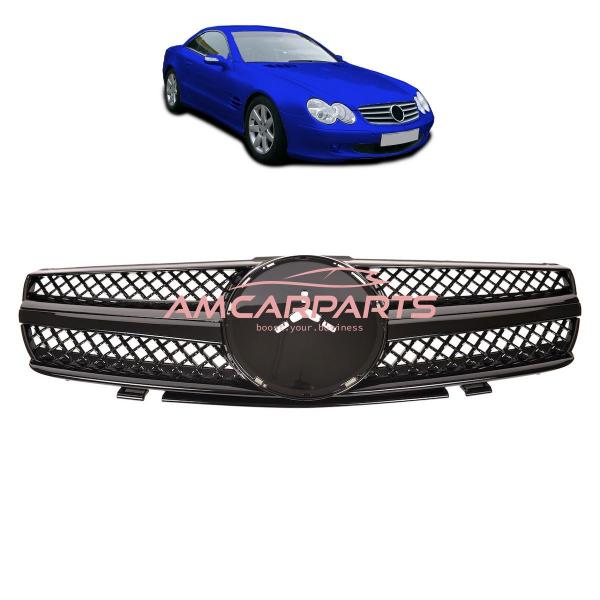 Upgrade Design Kühlergrill / Sportgrill für Mercedes SL (R230) Vor-Facelift 01-06 Hochglanz schwarz