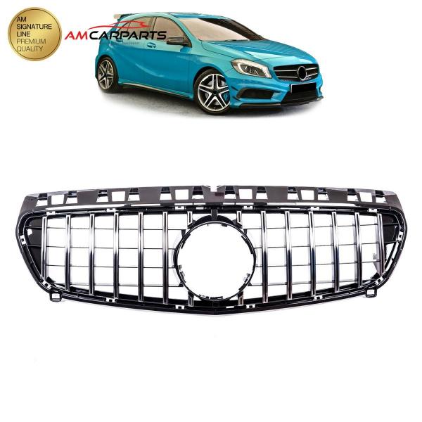 Upgrade Design Kühlergrill / Sportgrill passend für Mercedes Benz A-Klasse W176 Vor-Facelift 12-15 Hochglanz schwarz / chrom