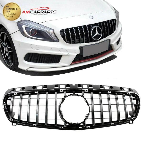 Upgrade Design Kühlergrill / Sportgrill passend für Mercedes Benz A-Klasse W176 Vor-Facelift 12-15 Hochglanz schwarz / chrom