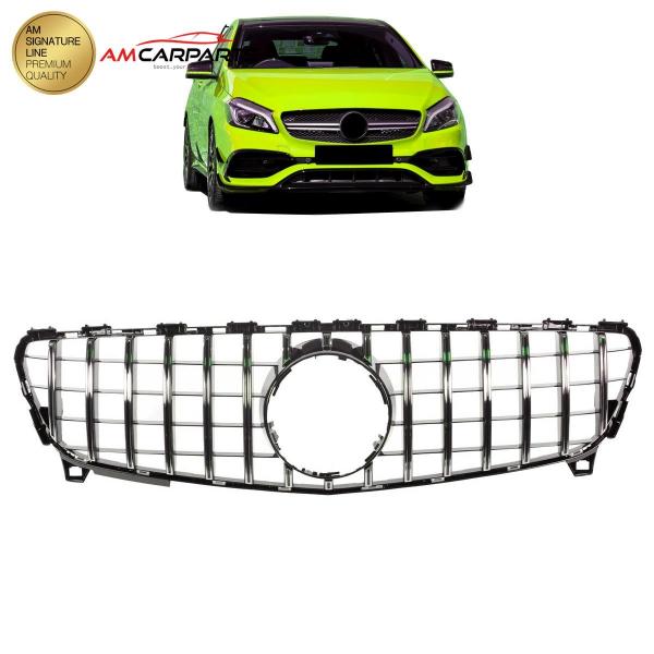 Upgrade Design Kühlergrill / Sportgrill passend für Mercedes Benz A-Klasse W176 Facelift 15-18 Hochglanz schwarz / chrom