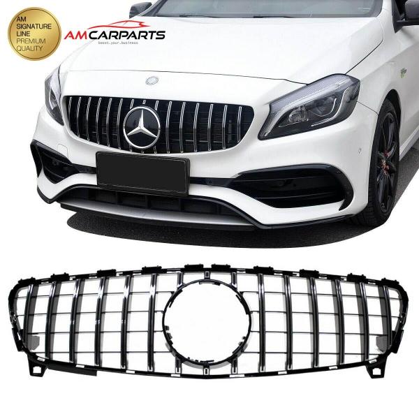 Upgrade Design Kühlergrill / Sportgrill passend für Mercedes Benz A-Klasse W176 Facelift 15-18 Hochglanz schwarz / chrom