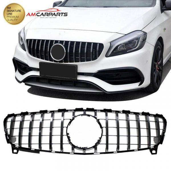 Upgrade Design Kühlergrill / Sportgrill passend für Mercedes Benz A-Klasse W176 Facelift 15-18 Hochglanz schwarz / chrom