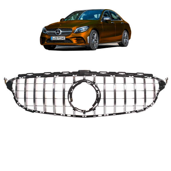 Upgrade Design Kühlergrill / Sportgrill passend für Mercedes Benz C-Klasse W205 / S205 / A205 / C205 Facelift 18-21 Hochglanz schwarz / chrom