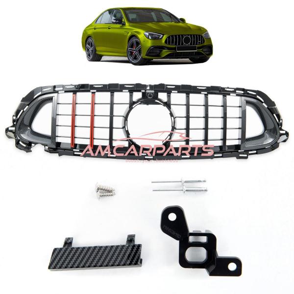 Upgrade Design Kühlergrill / Sportgrill passend für Mercedes Benz E-Klasse W213 / S213 / A238 / C238 Facelift 20-23 Carbon-Optik / Hochglanz schwarz + rote Akzentstreifen