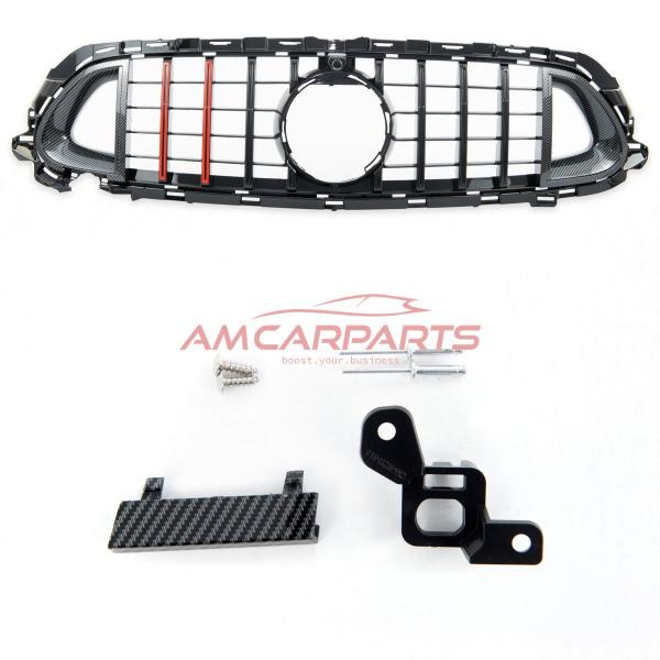 Upgrade Design Kühlergrill / Sportgrill für Mercedes Benz E-Klasse W213 / S213 / A238 / C238 Facelift 20-23 Carbon-Optik / Hochglanz schwarz + rote Akzentstreifen